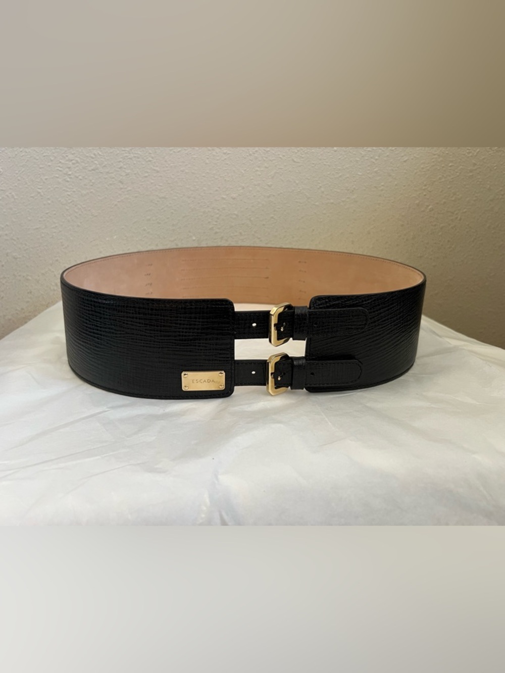 Escada Black Wide Textured Leather Waist Belt with Dual Gold Buckles
